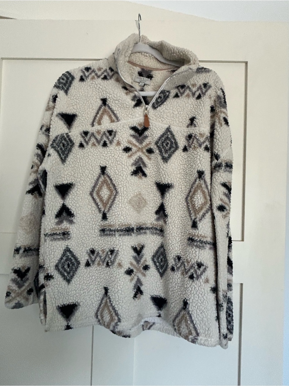 Cozy Aztec Sherpa Pullover - Cream with Black & Taupe Pattern